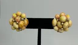 Vintage Orange Yellow Pink Brown Plastic Bead Cluster Style Clip on Earrings Hong Kong