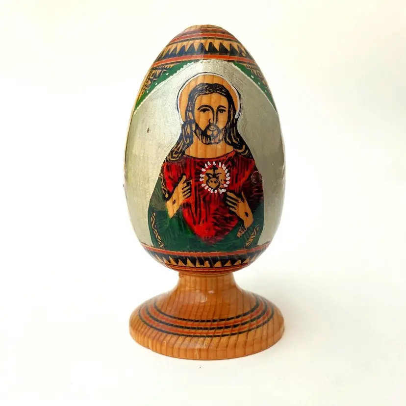 Vintage Hand Painted Wooden Egg w/Christian Iconography