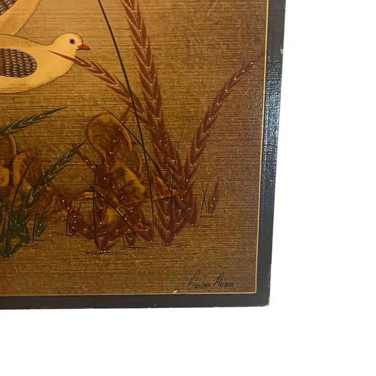 This item is a vintage hand-painted folk art piece on wood by Mexican artist Arturo Alcala, featuring a scene with birds, possibly pheasants, and a moon