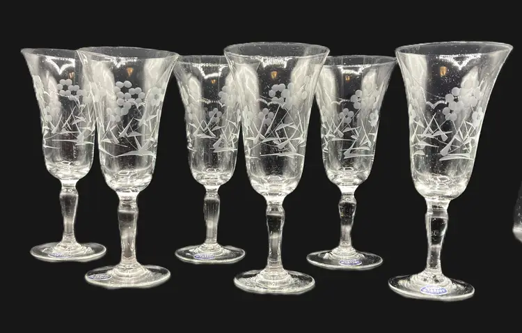 W.T. Grant Handcut Glass Goblet - Set of 6 Etched - New Old Stock - Vintage