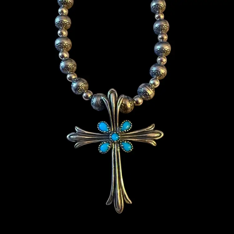 Caroylyn Pollack American West Turquoise And Sterling Cross Enhancer On Sterling Etched Bead Necklace 16” With 3” Extender
