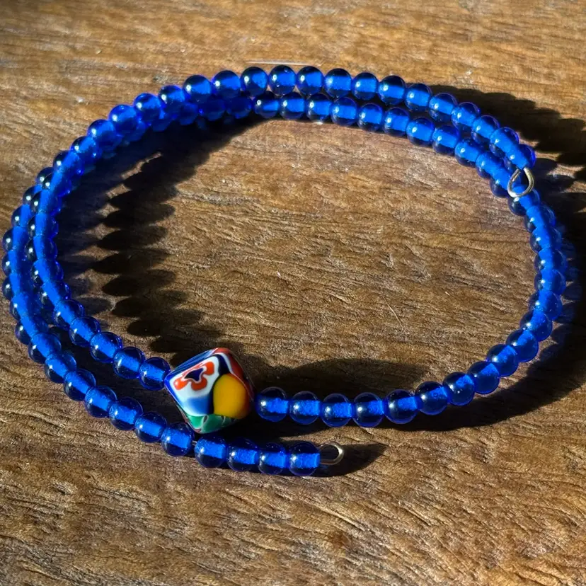 Vintage Japanese Glass Beads And Vintage Venetian Murrine Glass Cube Bead Memory Wire Bracelet