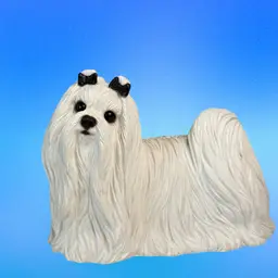 Maltese Dog Figurine 1987 SANDICAST of San Diego, Sandra Brue White Dog  Black Bows Large Heavy Signed W/Label
6-1/2”T x 8-1/2” L x 4” W