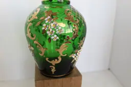 RARE Antique German Bohemian Bottle Green Glass Hand Painted Gold Trim Decanter