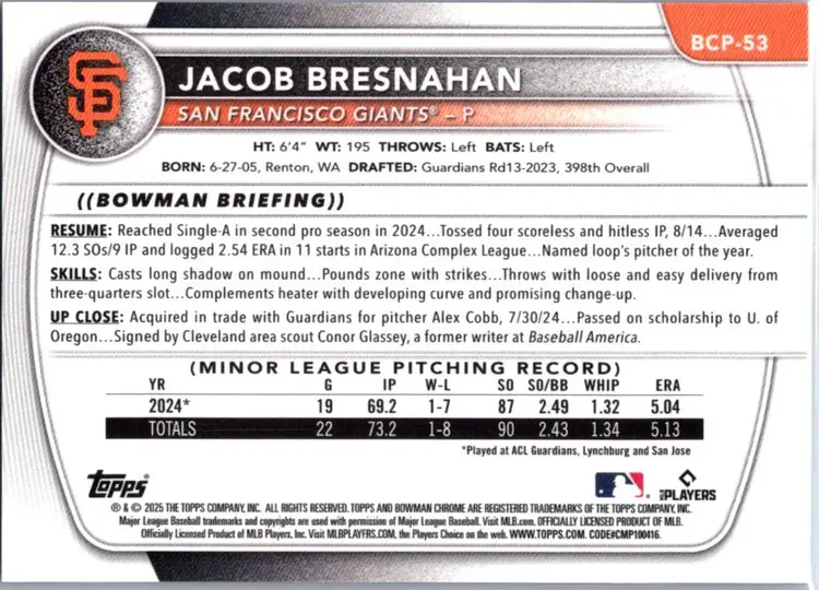 2023 Bowman Chrome Jacob Bresnahan 1st Bowman #140/150