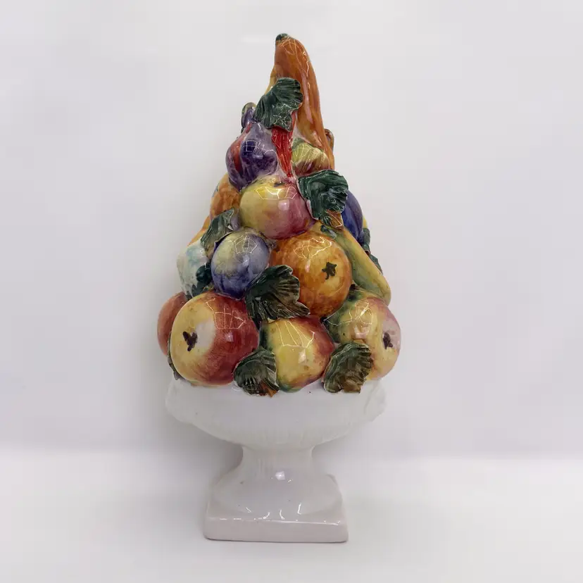 Vintage Italian Majolica Fruit Topiary – Hand-Painted Ceramic Centerpiece – Tuscan Kitchen Decor – Large Glazed Still Life Urn (0188-25)