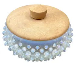 Fenton Hobnail French Opalescent Powder Dish Early Wooden Lid 1930-1940s Cottage Vanity READ