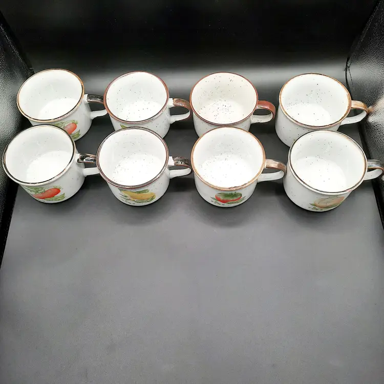 Vintage Asahi Japan Speckled Stoneware Vegetable Soup Mugs Corn Carrot Tomato Onion Set Of 8