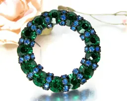 Vintage Joseph Warner Blue Green Rhinestone Circle Pin Brooch