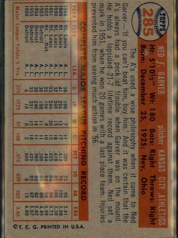 1957 Topps #285 Ned Garver - ( pk1 ) - Kansas City Athletics