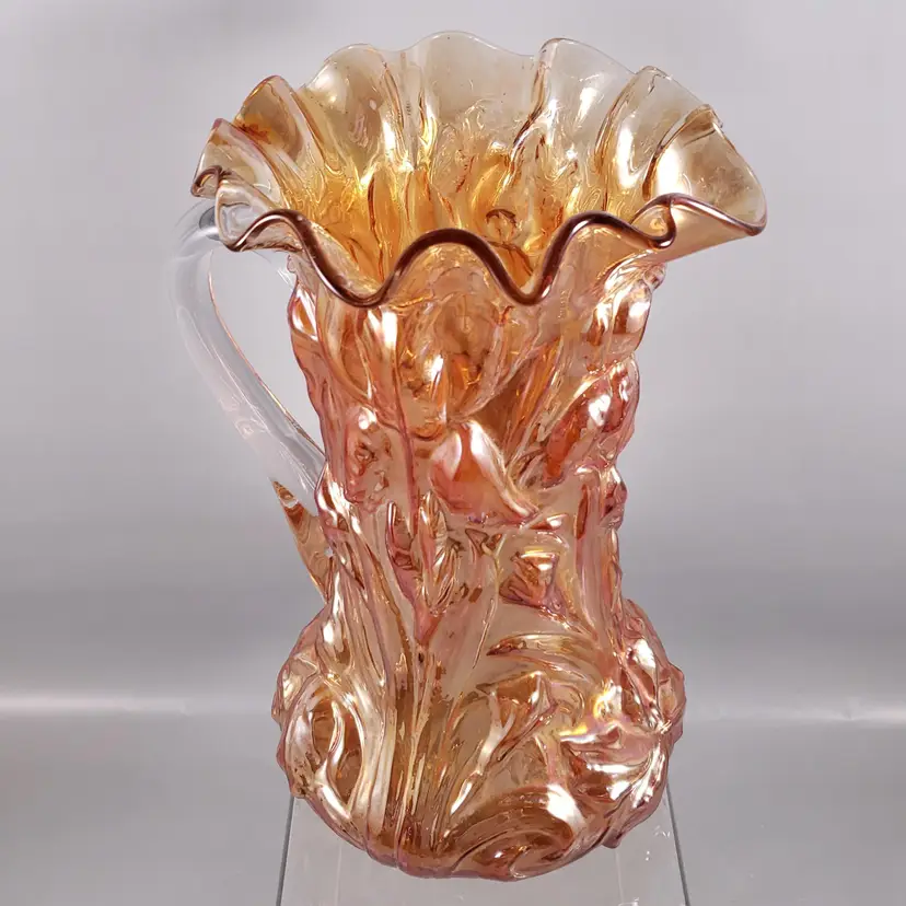 Antique DUGAN Iridescent CARNIVAL Marigold HEAVY IRIS Ruffled Glass PITCHER