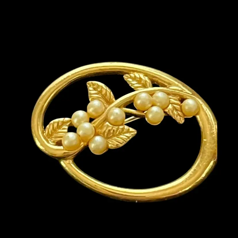 Brooch Pin As Pictured Floral With Faux Pearl Signed Trifaric?