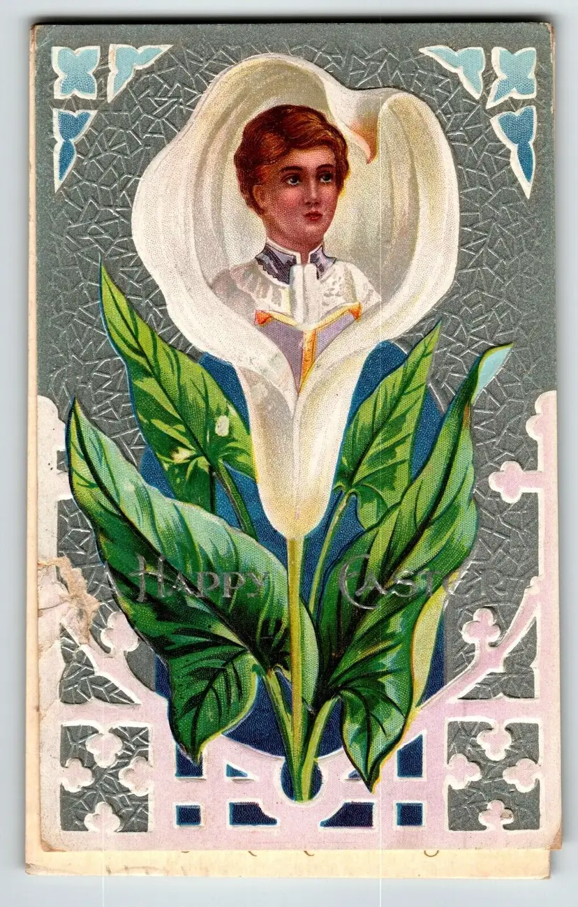 Easter Postcard Choir Boy Inside Lily Flower Bud Embossed John Winsch Back 1910