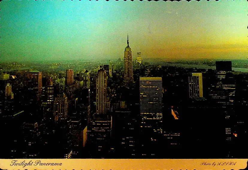 Looking from the Empire State Building at Twilight Postcard World Trade Center