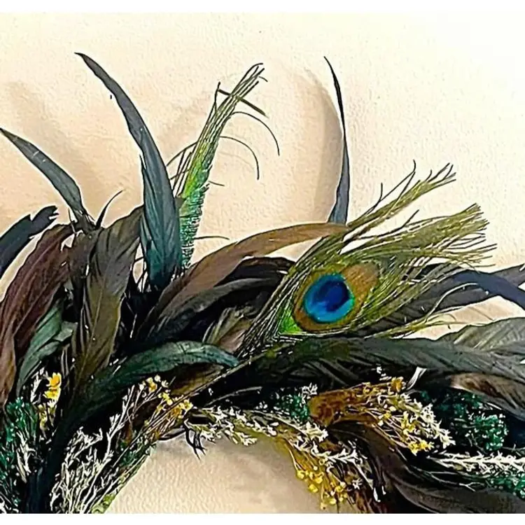 Funky Boho 19" Peacock Feather Wreath With Dried Flower Accents.