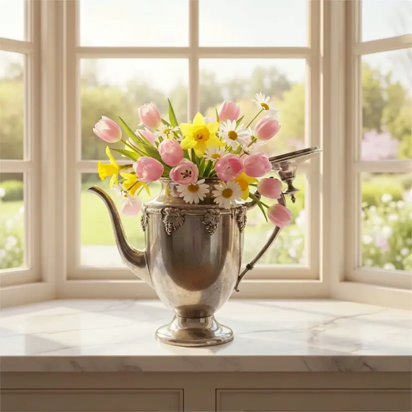 Silver on Copper Teapot w/ Grapes and Leaves Design, 10.25"