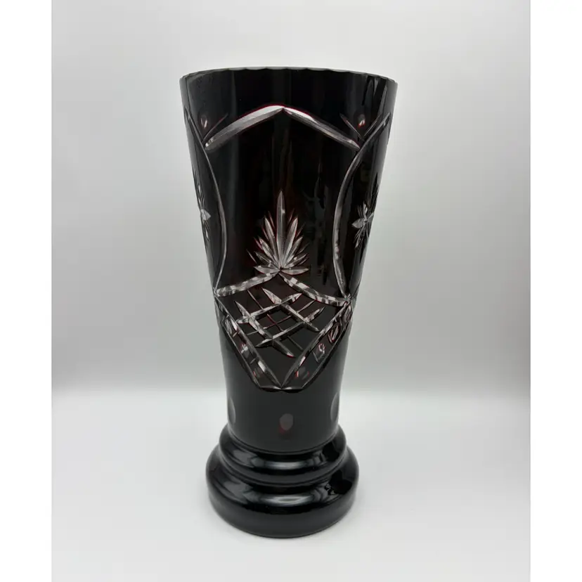 Vintage, Bohemian, Czech, Dark Red Ruby,  Cut to Clear, Vase, 9.25”
