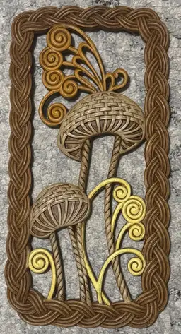 Vintage 1970's Burwood Mushroom Wall Plaque 2329-1 Boho MCM Faux Wicker Rattan