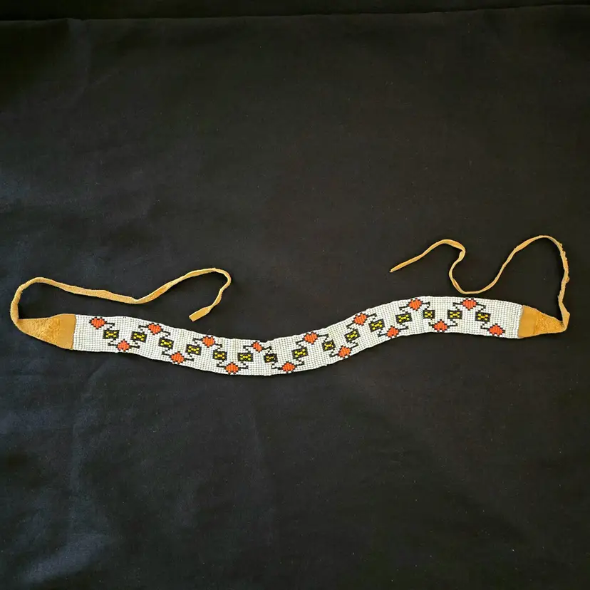 Beaded Headband Hatband Leather Straps Handmade Native American 44 in long approximately