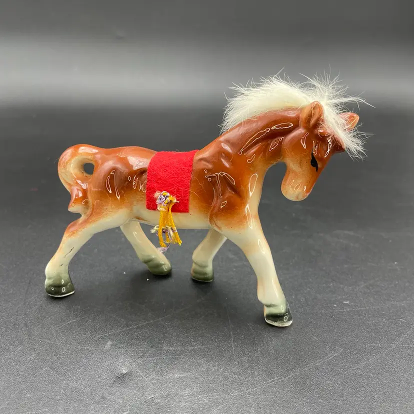 Ceramic Horse with Faux Fur Mane Saddle Vintage Figurine Farm Equestrian Animal
