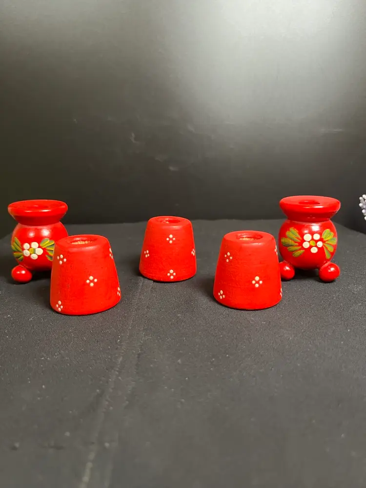 Pair of Swedish Folk Art Red Daisy Candle Holders & 3 Red w/ Dots Small Wooden Candle Holders-Lot 57