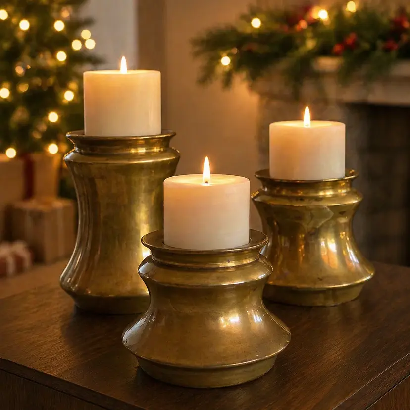 3 Solid Brass Cylindrical Candle Bases, 5.5", 4", 3.25" Tall