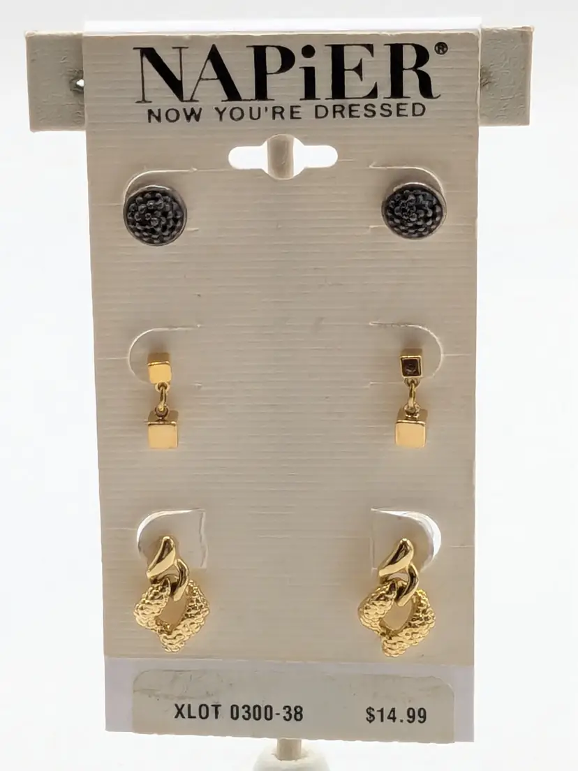 Napier Trio Earring Set Gold and Silver Tones NOS