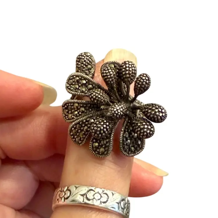 Vintage KTH 925 Sterling Silver Marcasite 3D Flower Ring Size 8,  8.9g