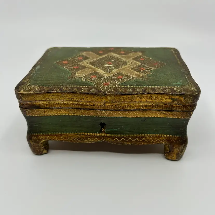 Vintage Italian Handmade Florentine Gilded Gold/Green Wooden Box