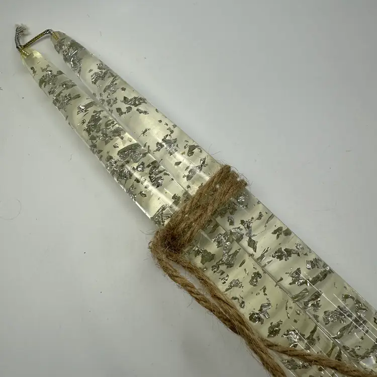 Clear Lucite Tapered Candles With  Silver Flecks 10” Set/2