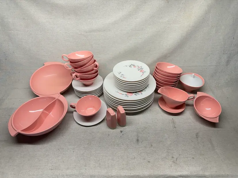 Boontonware Somerset Pink and White Dish Set for 8 (49 Total Pieces)