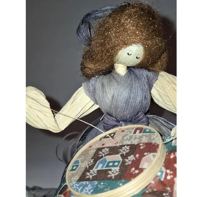 Corn Husk Doll Doing Needle Point Vintage