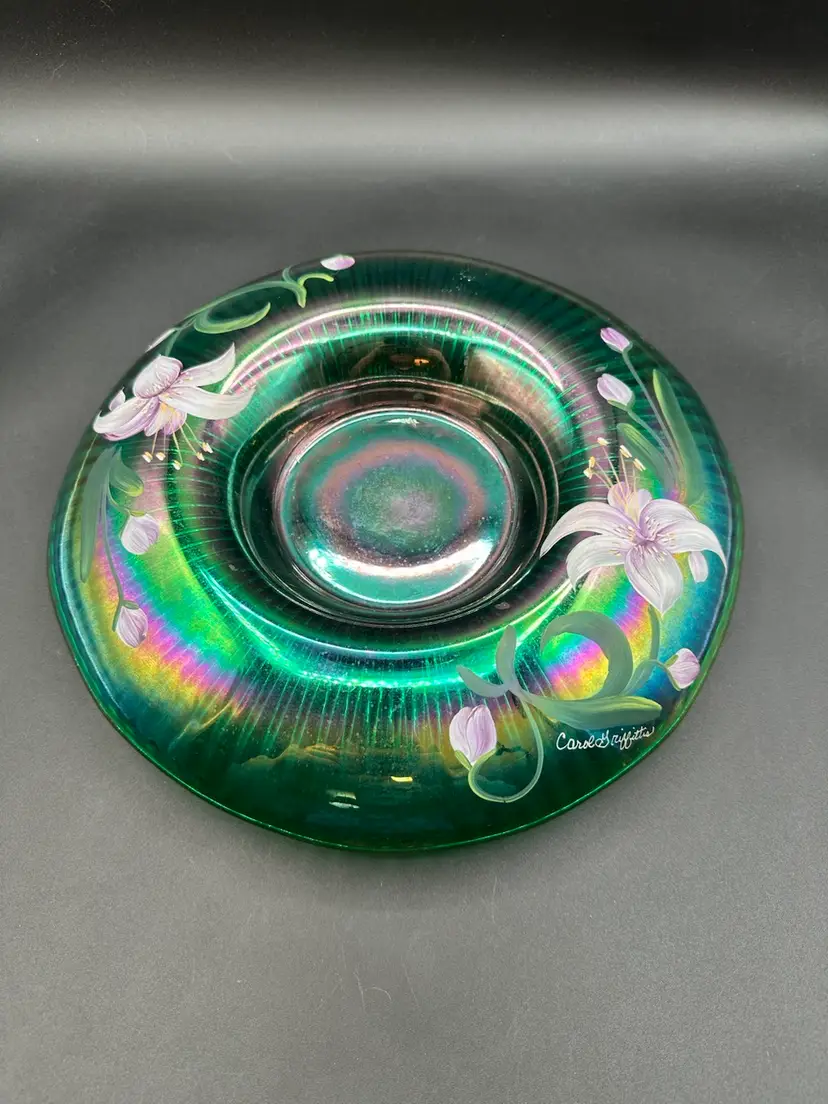 Fenton Blue Green Teal Handpainted Lily Domed Console Bowl 10”, Signed