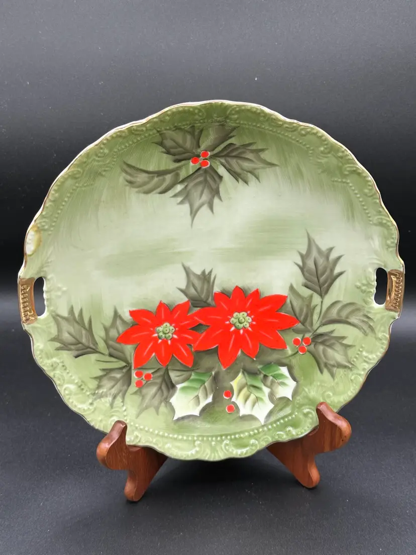 Vintage Lefton Hand Painted #4393 Cake Plate Poinsettia Holly Christmas