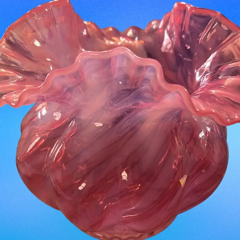 Vintage Fenton Art Glass Hand Blown Cranberry Opalescent Swirl Optic Rose Bowl; Vintage Cranberry Fenton Vase 5”