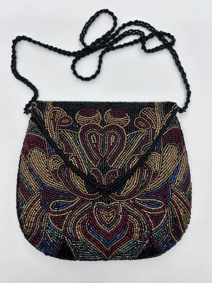 Vintage Multicolor Beaded Shoulder Purse Gold Black Red Blue