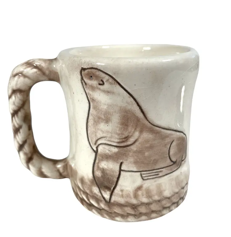 #01 - Seal Ocean Nautical Coffee Mug Cup Studio Pottery Handmade Signed Santa Cruz CA