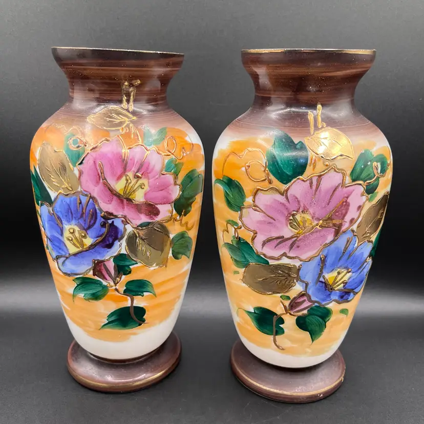 Pair Of Japanese Milk Glass Lustreware Hand Painted Floral Vases 10.5”