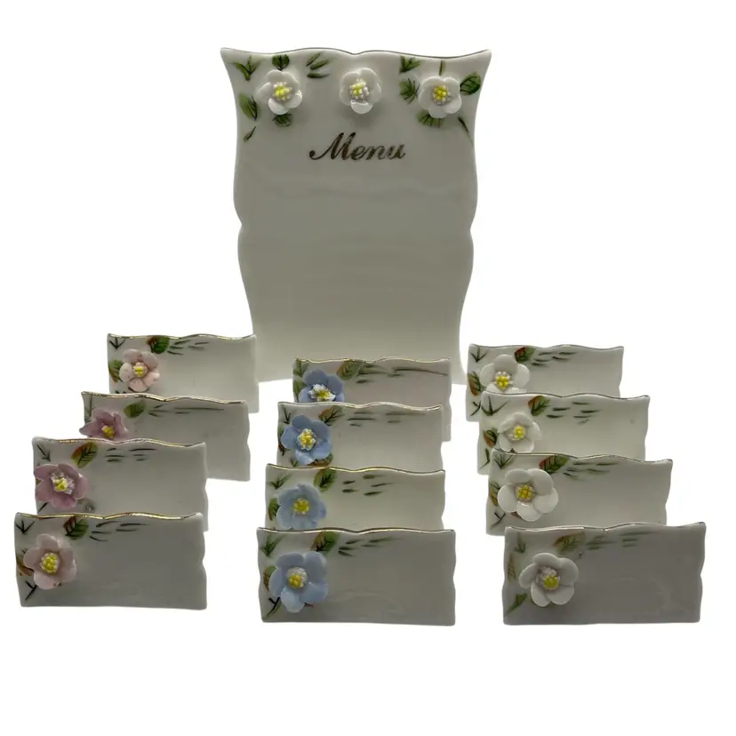 Vintage Shafford Porcelain Menu & 12 Place Cats Set Floral Design Shafford