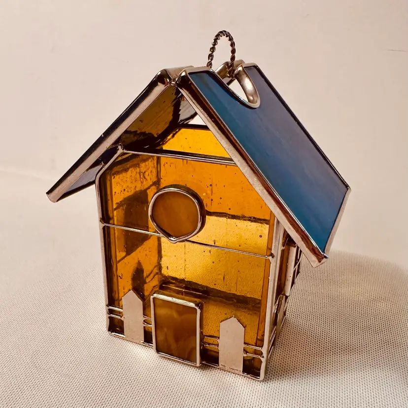 Beautiful Stained Glass Lantern Candle Tea  Holder Birdhouse Garden Decor