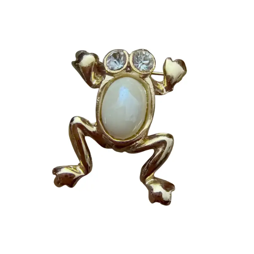 Cute Rhinestone Eyes Cabochon Center Gold Tone Vintage Frog Brooch