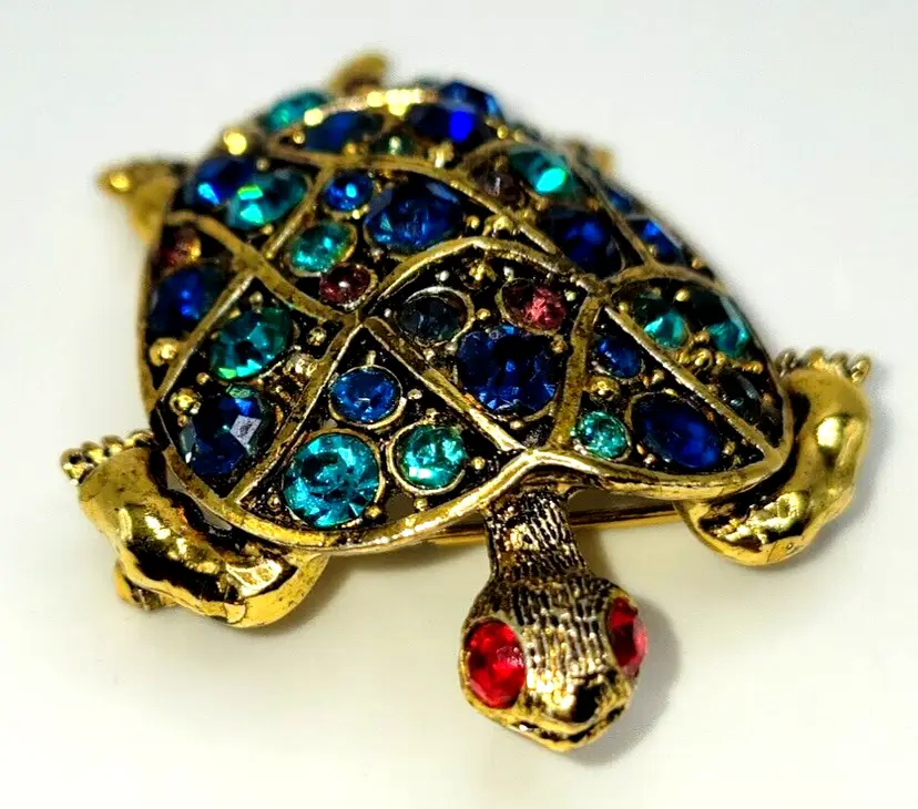 1950s Signed Hollycraft Blue Red AB Rhinestones Sea Turtle Brooch Pin