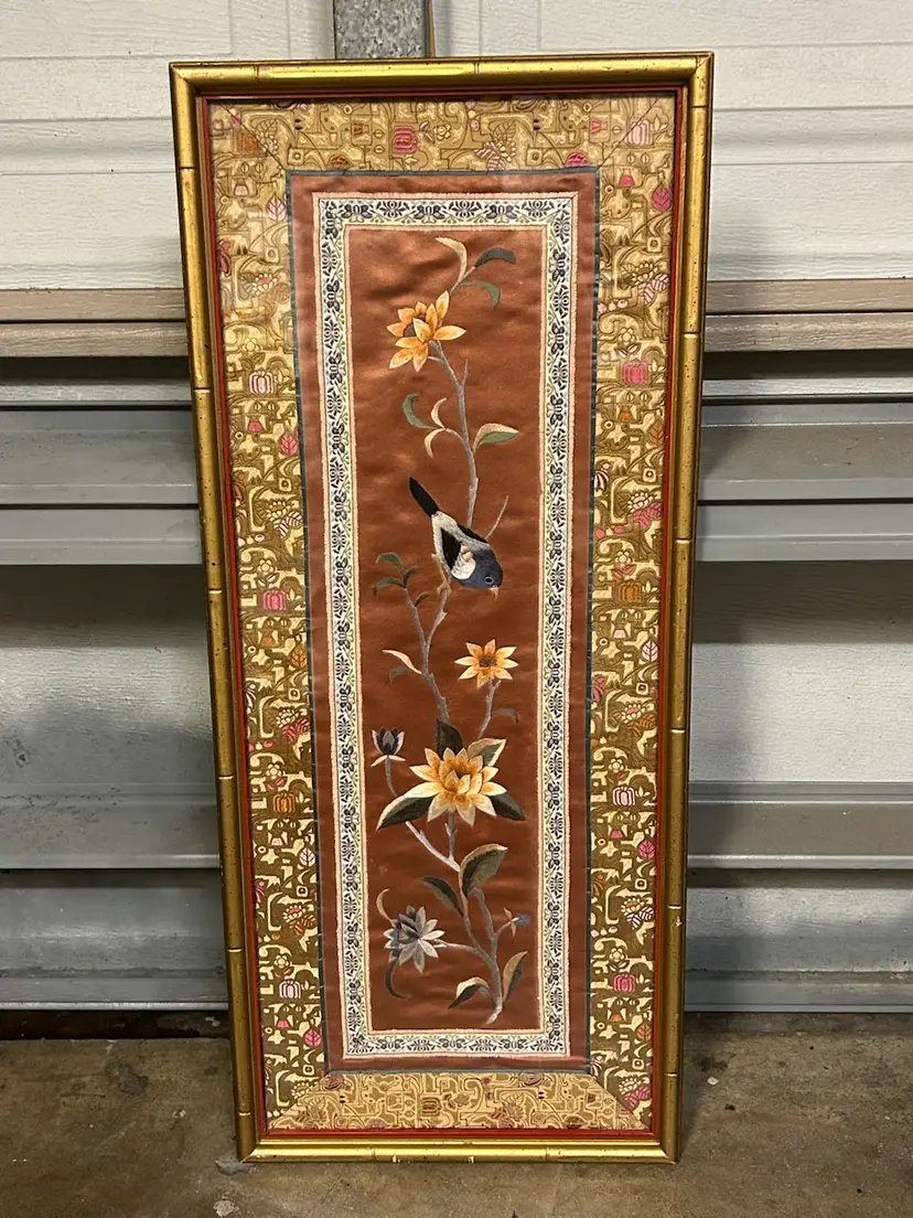 Vintage Antique Framed Chinese Silk Embroidered Textile w/Birds & Florals 26.25”