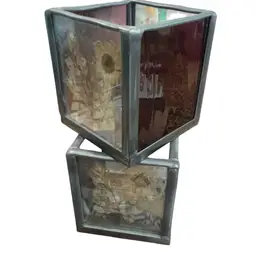 Set Of Two Vintage Stained Glass And Dried Flower Votive Holders 3.25” Tall