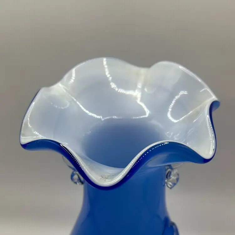 #1614 Art Glass Vase, Blue With White Cased Ruffled Top Clear Glass With Meliffori Flowers