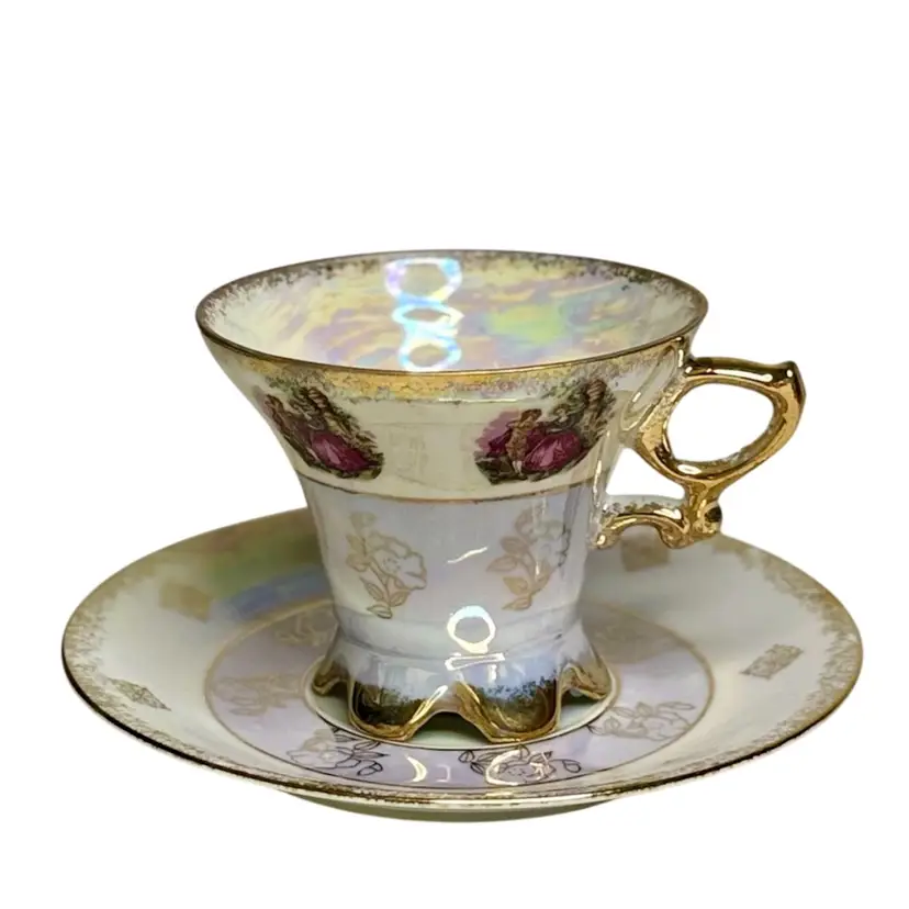 Vintage Teacup and Saucer Tulsi Japan Hand Painted Fine China Courting Couple With Gold Trim Iridescent W/Label