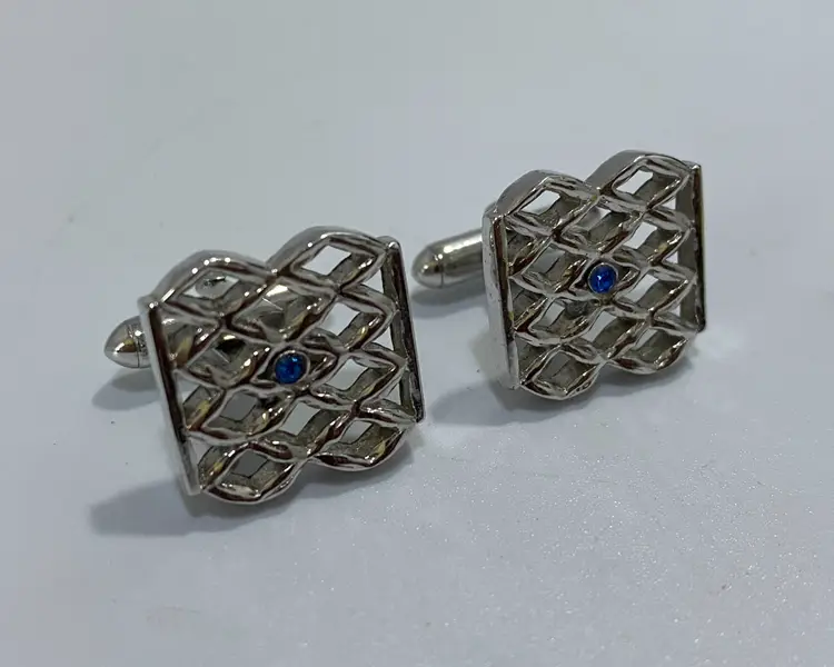 Vintage SWANK Blue Rhinestone Latice Design Silver Tone Cufflinks