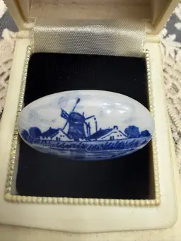 Vintage Holland Delft Blue And White Windmill Porcelain Brooch