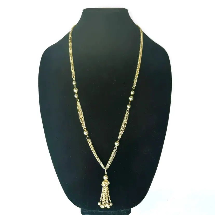 Vintage Gold-Tone Chain Necklace With Beads Tassel Pendant