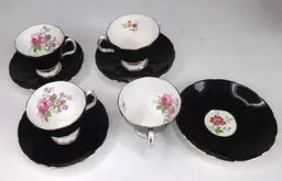 Rare Adderley Floral Bone China Black Footed Teacup & Saucer Staffordshire Set of 4